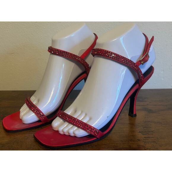 Escada Candy Apple Red Rhinestone Heels Womans Size 37 - Picture 1 of 8